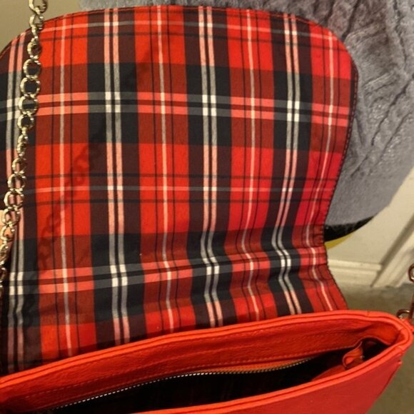 Miche Red Leather Chain Link Cross Body Shoulder Bag Purse Women’s Plaid Lining - Picture 8 of 10